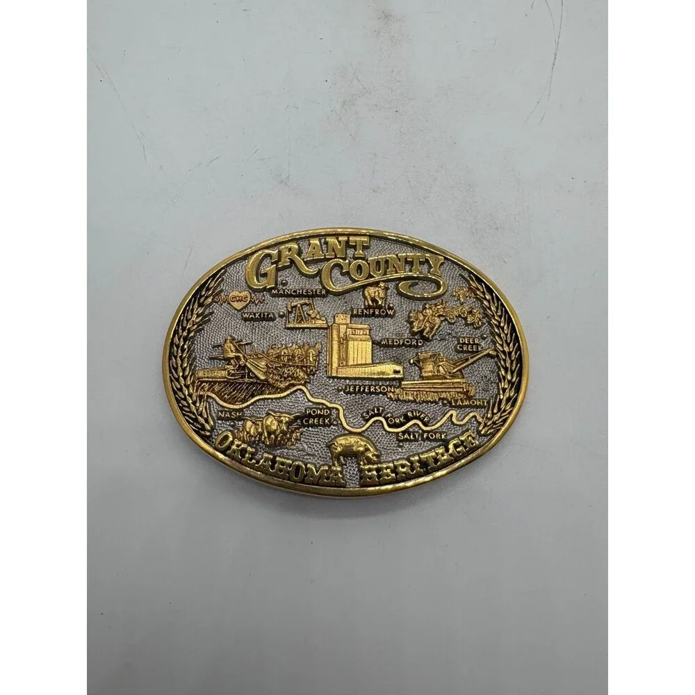 Vintage Grant County OK Heritage Belt Buckle 1986 County Buckles Gold Silver Ton